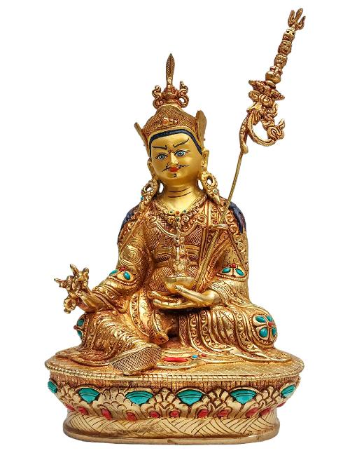 [padmasambhava], Buddhist Handmade Statue, [face Painted], [stone Setting] And [gold Plated]