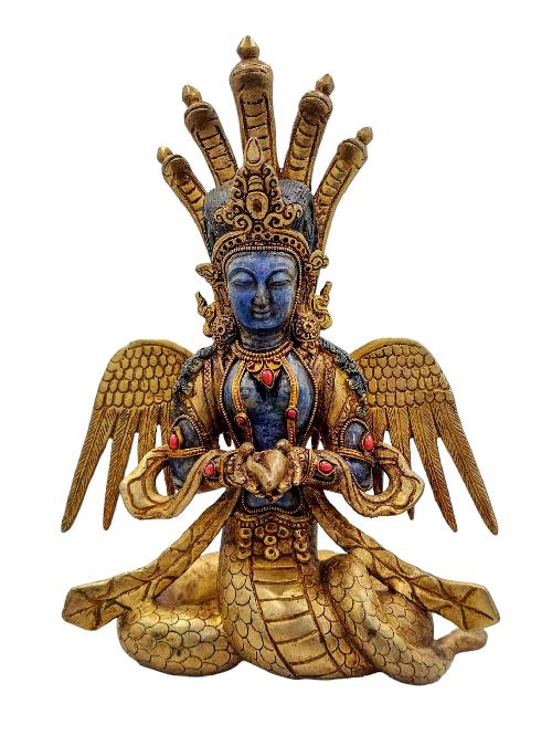 [naga Kanya], Buddhist Handmade Statue, [partly Gold Plated], Lapis Lazuli