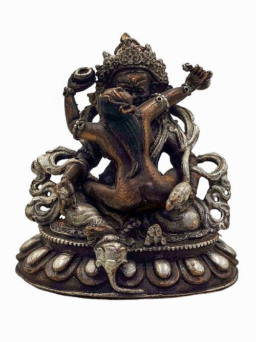 [yellow Jambhala], Buddhist Miniature Statue, [silver And Chocolate Oxidized]