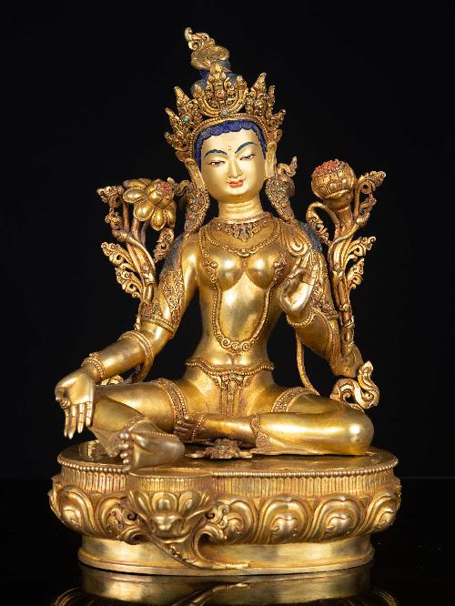 [green Tara], Buddhist Handmade Statue, [full Gold Plated], [face Painted]