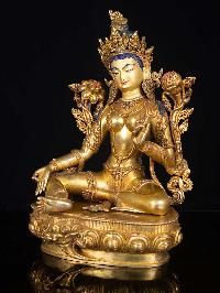 [green Tara], Buddhist Handmade Statue, [full Gold Plated], [face Painted]