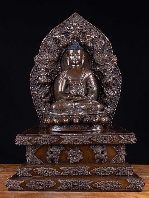 [amitava Buddha], Buddhist Handmade Statue On Throne, [chocolate Oxidized]