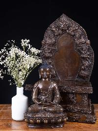 [amitava Buddha], Buddhist Handmade Statue On Throne, [chocolate Oxidized]