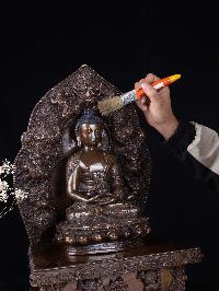 [amitava Buddha], Buddhist Handmade Statue On Throne, [chocolate Oxidized]