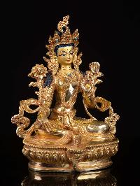 [green Tara], Buddhist Handmade Statue, [full Gold Plated], [face Painted]