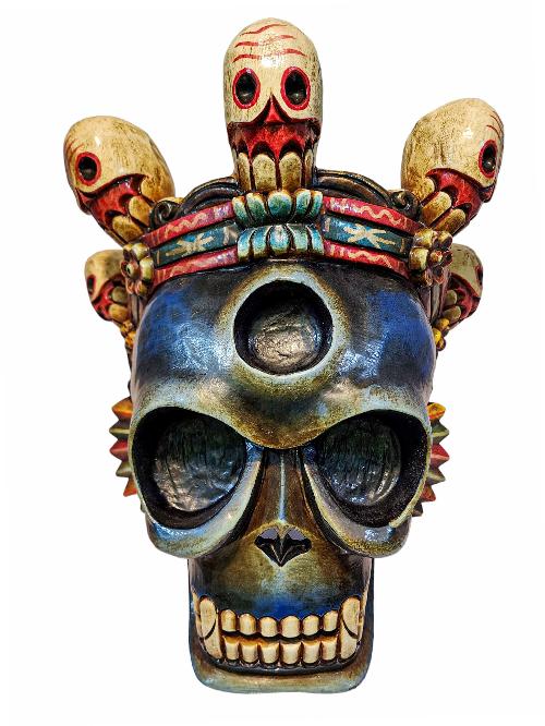 [skull Or Citipati], Handmade Wooden Mask, Wall Hanging, [painted Blue], Poplar Wood