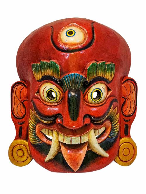 [lakhe], Handmade Wooden Mask, Wall Hanging, [painted Red], Poplar Wood