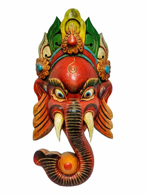 ganesh, Handmade Wooden Mask, Wall Hanging, painted, Poplar Wood