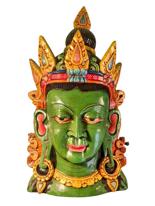 [green Tara Head ], Handmade Wooden Mask, Wall Hanging, [painted], Poplar Wood