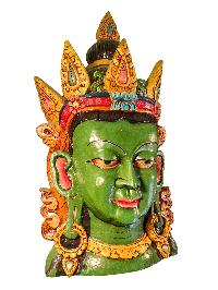 [green Tara Head ], Handmade Wooden Mask, Wall Hanging, [painted], Poplar Wood