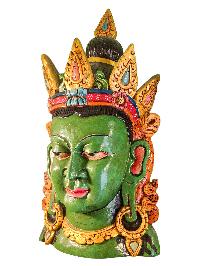 [green Tara Head ], Handmade Wooden Mask, Wall Hanging, [painted], Poplar Wood