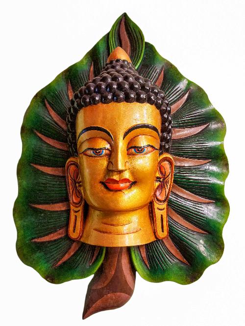 [leaf Buddha ], Handmade Wooden Mask, Wall Hanging, [painted], Poplar Wood