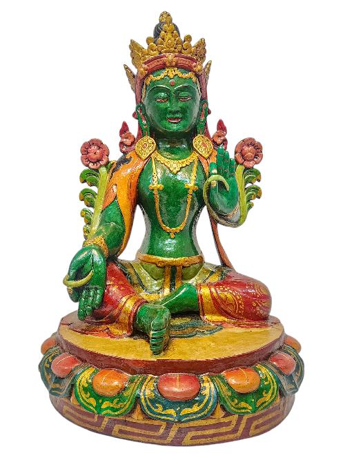 [green Tara], Buddhist Handmade Wooden Statue, Natural Colour Finishing