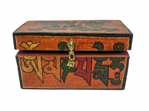 Tibetan Ritual Wooden Omph Box, Traditional Color Painted