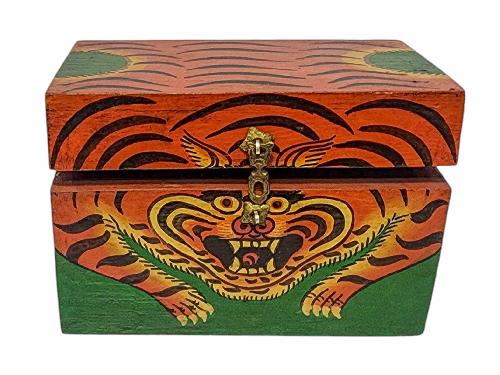 Tibetan Ritual Wooden Tiger Box, Traditional Color Painted