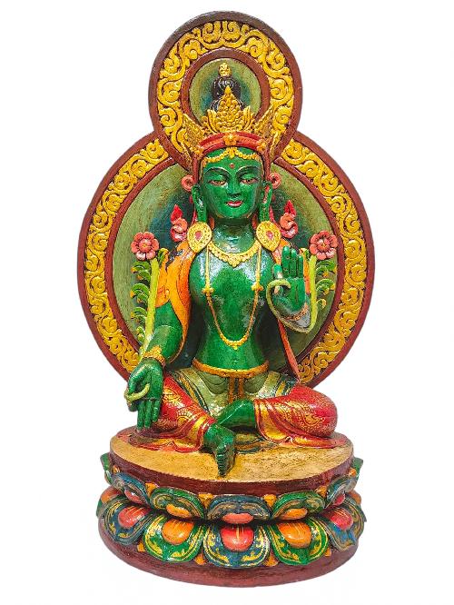 [green Tara], Buddhist Handmade Wooden Statue, Natural Colour Finishing