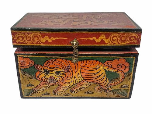 Tibetan Ritual Wooden Tiger Box, Traditional Color Painted