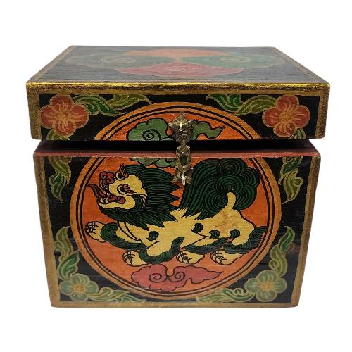 Tibetan Ritual Wooden Lion Box, Traditional Color Painted