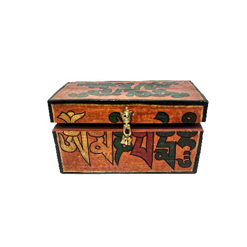 Tibetan Ritual Wooden Omph Box, Traditional Color Painted