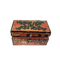 Tibetan Ritual Wooden Omph Box, Traditional Color Painted