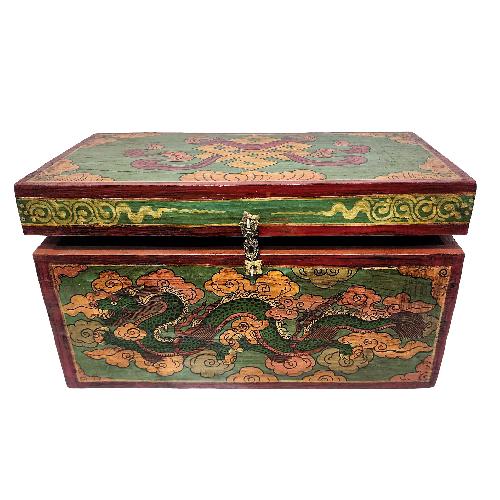 Tibetan Ritual Wooden Dragon Box, Traditional Color Painted