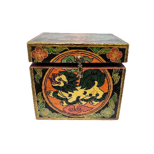 Tibetan Ritual Wooden Lion Box, Traditional Color Painted