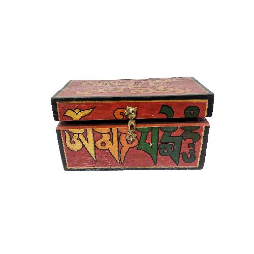 Tibetan Ritual Wooden Omph Box, Traditional Color Painted