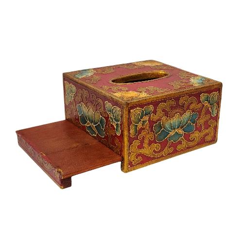 Wooden Serviette Napkin Holder,with [red] Painted, [lotus] Design, Tissue Box