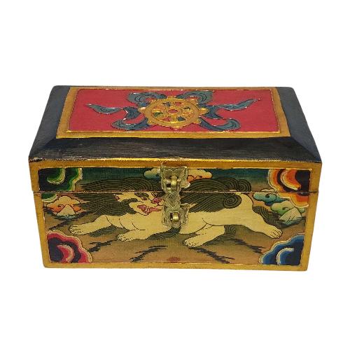 Tibetan Ritual Wooden [snow Lion] Design Box, Traditional Color Painted