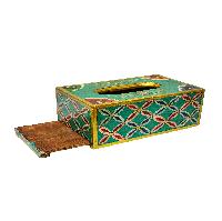 Wooden Serviette Napkin Holder,with [aqua Green] Painted, [flower] Design, Tissue Box