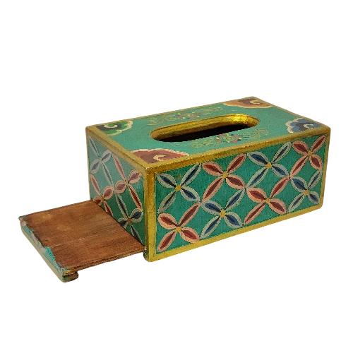 Wooden Serviette Napkin Holder,with [aqua Green] Painted, [flower] Design, Tissue Box