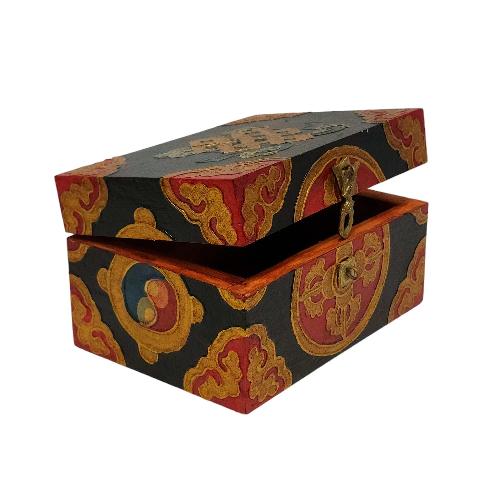 Tibetan Ritual Wooden [double Dorje] Design Box, Traditional Color Painted