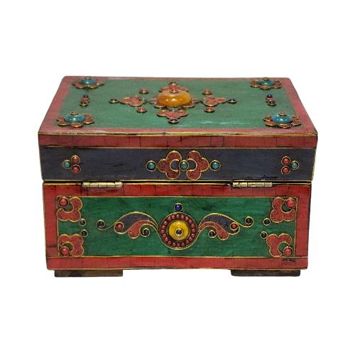 Tibetan Ritual Wooden [double Dorje] Design Box, Stone Setting