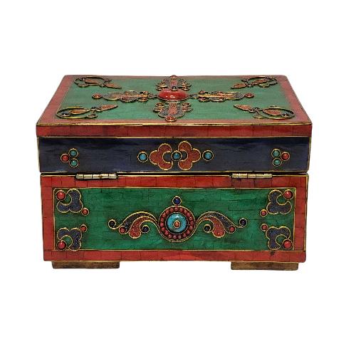 Tibetan Ritual Wooden [double Dorje] Design Box, Stone Setting