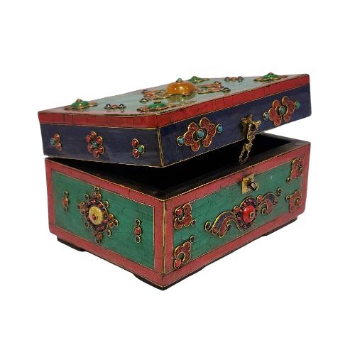 Tibetan Ritual Wooden [double Dorje] Design Box, Stone Setting