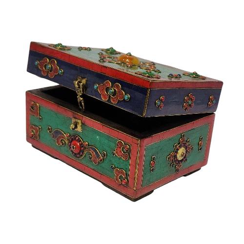 Tibetan Ritual Wooden [double Dorje] Design Box, Stone Setting