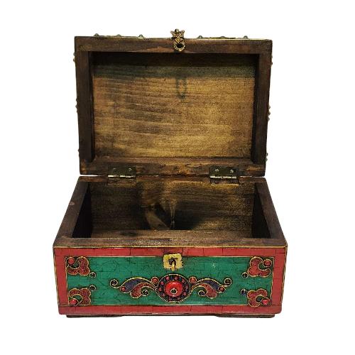 Tibetan Ritual Wooden [double Dorje] Design Box, Stone Setting