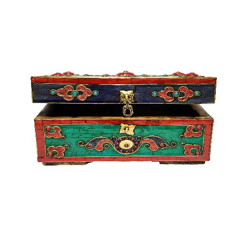 Tibetan Ritual Wooden [double Dorje] Design Box, Stone Setting