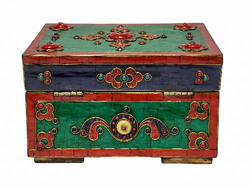 Tibetan Ritual Wooden [double Dorje] Design Box, Stone Setting