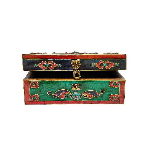 Tibetan Ritual Wooden [double Dorje] Design Box, Stone Setting