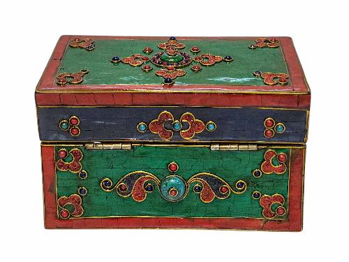 Tibetan Ritual Wooden [double Dorje] Design Box, Stone Setting