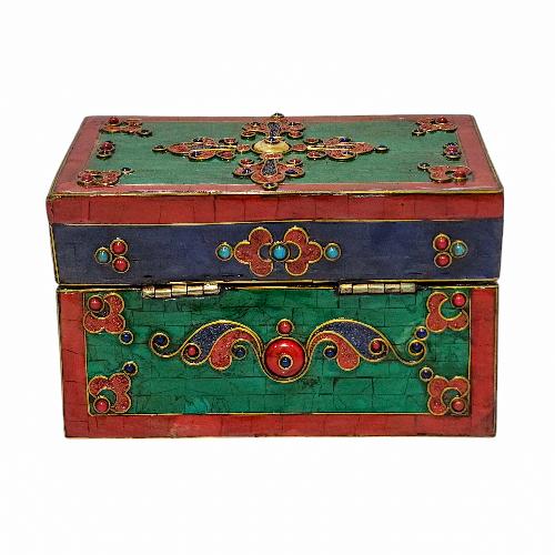 Tibetan Ritual Wooden [double Dorje] Design Box, Stone Setting