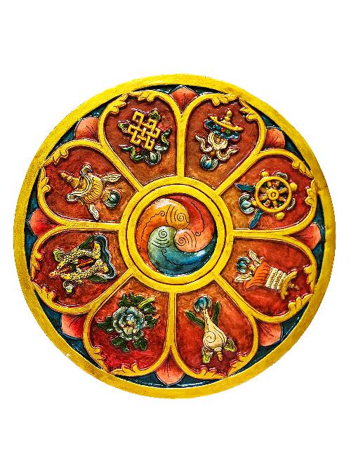 Tibetan Wooden Wall Hanging [fish] Design At Center, With Asthamangala [thangka Color Finishing], [hand Craved]