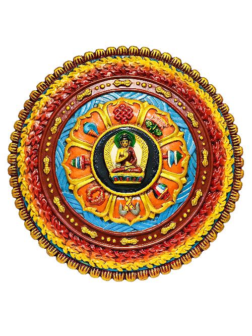 Tibetan Wooden Wall Hanging [amoghasiddhi Buddha] Design At Center, With Asthamangala [thangka Color Finishing], [hand Craved]