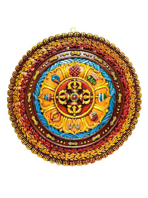 Tibetan Wooden Wall Hanging [double Dorje] Design At Center, With Asthamangala [thangka Color Finishing], [hand Craved]