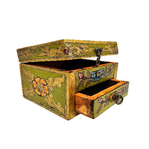  Tibetan Box With One Drawer And Top Opening Cabinet, [painted Green]