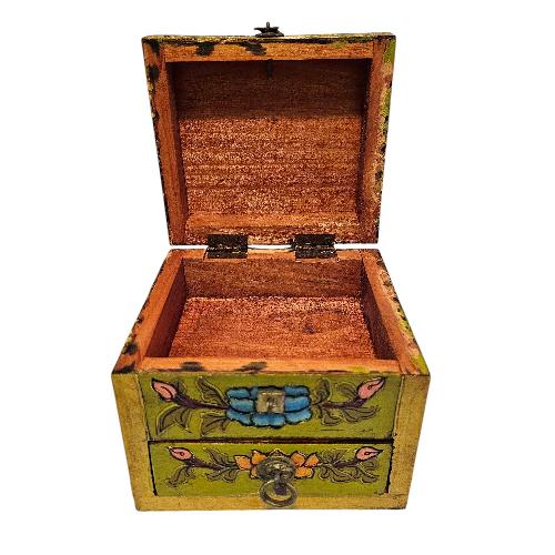  Tibetan Box With One Drawer And Top Opening Cabinet, [painted Green]