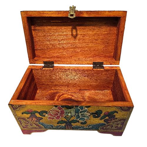 Tibetan Ritual Wooden [flower] Design Box, Traditional Color Painted