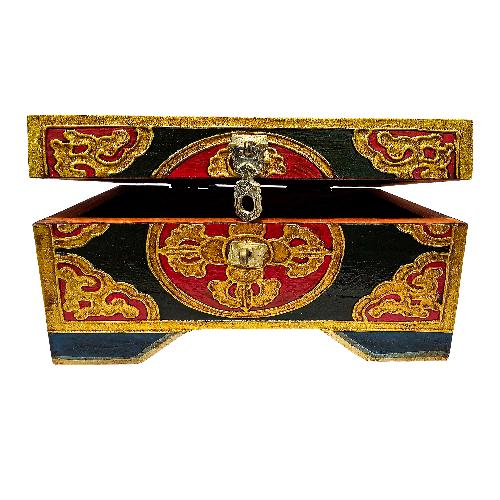 Tibetan Ritual Wooden [double Dorje] Design  Box, Traditional Color Painted