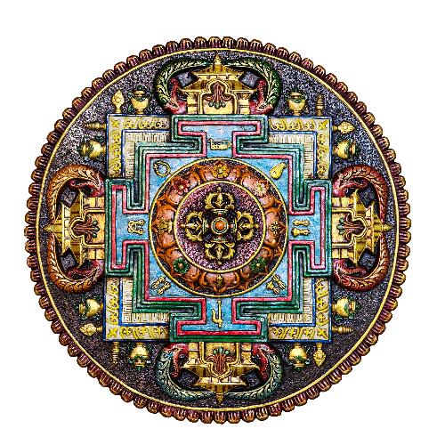 Tibetan Wooden Wall Hanging [double Dorje] Design At Center, With Mandala Design, [thangka Color Finishing], [hand Craved]